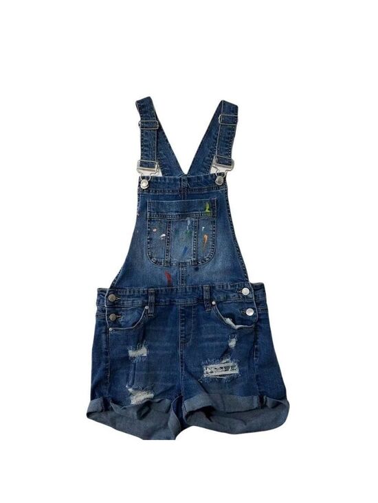 Blue Spice Denim - Distressed Denim Bib Overalls Paint Splatter Blue Spice Shortalls Juniors Size 5